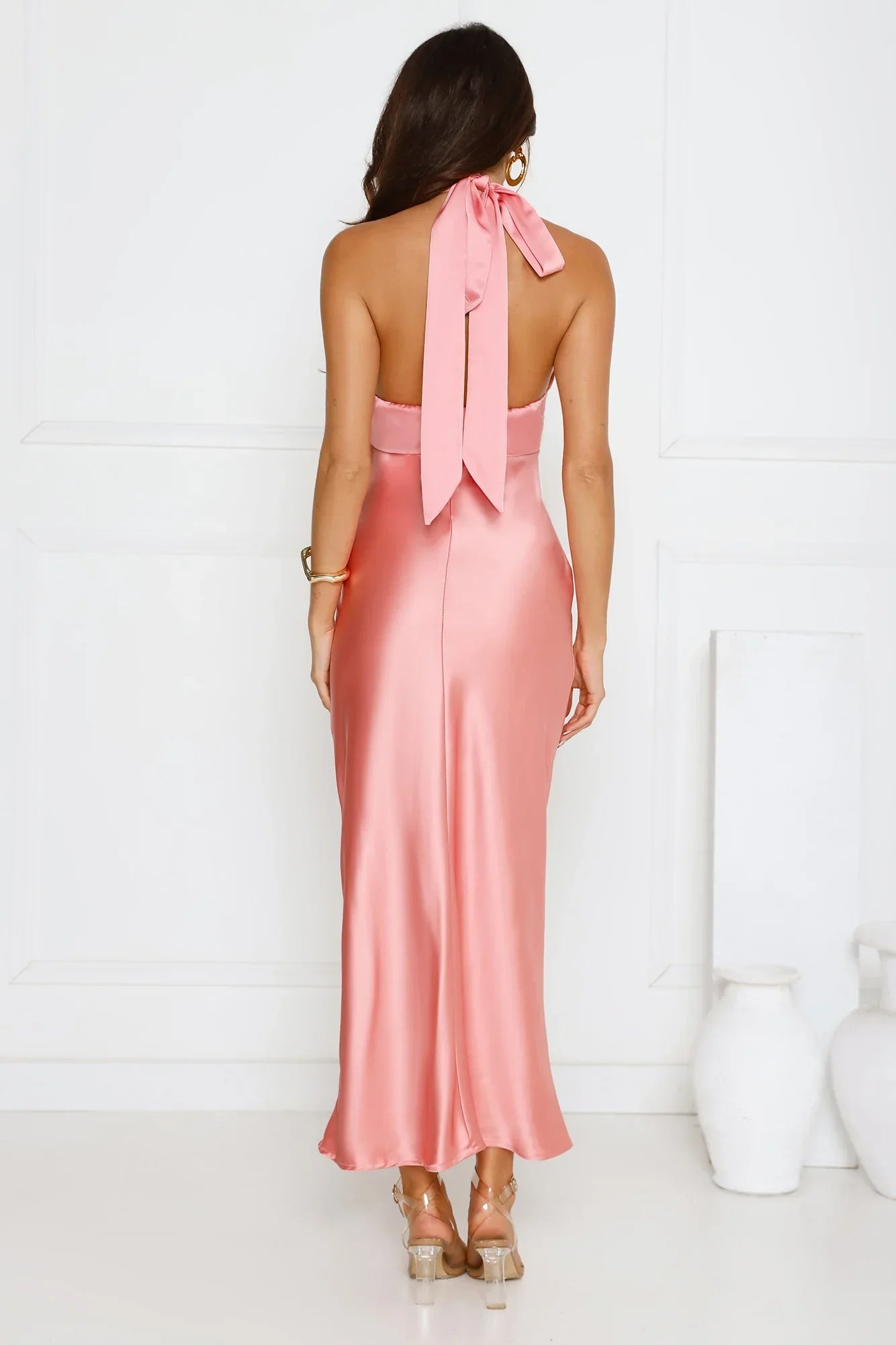 Speaks For Itself Satin Halter Maxi Dress Pink