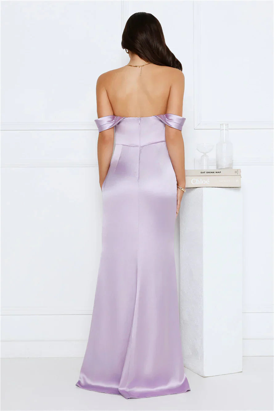 Silken Starlet Off Shoulder Satin Maxi Dress Lavender