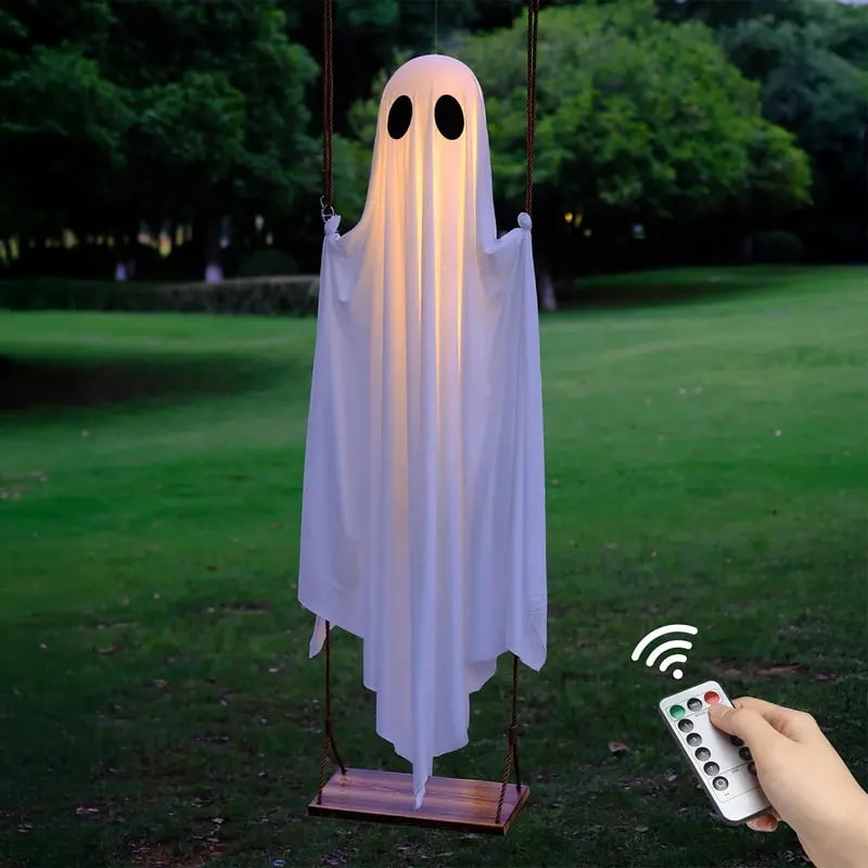 👻Halloween Decorations Outdoor - 5FT Large Hanging Ghost Swing with Remote Control String Lights
