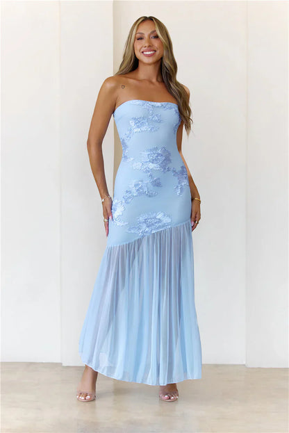 Rosé Mood Strapless Mesh Maxi Dress Blue
