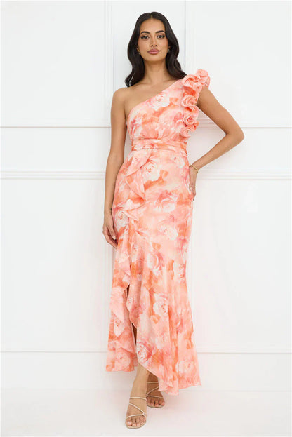 Serene Chic One Shoulder Maxi Dress Peach