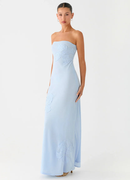 Sassafras Beaded Flower Strapless Maxi Dress - Blue