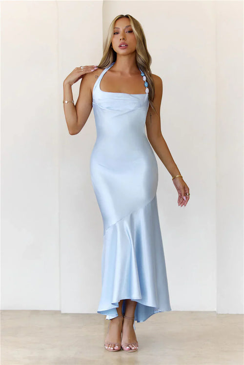 Shimmer Crystal Satin Halter Maxi Dress Blue