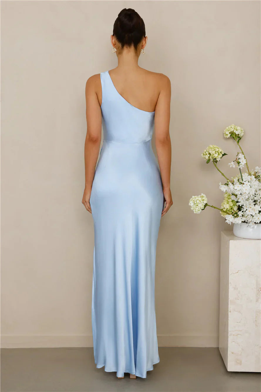 The Aurora One Shoulder Satin Maxi Dress Blue