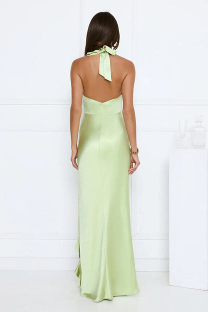 Satin Whirl Halter Maxi Dress Green