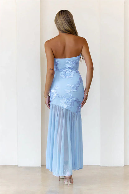 Rosé Mood Strapless Mesh Maxi Dress Blue