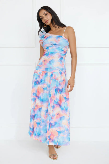 Pretty Encounter Mesh Maxi Dress Blue