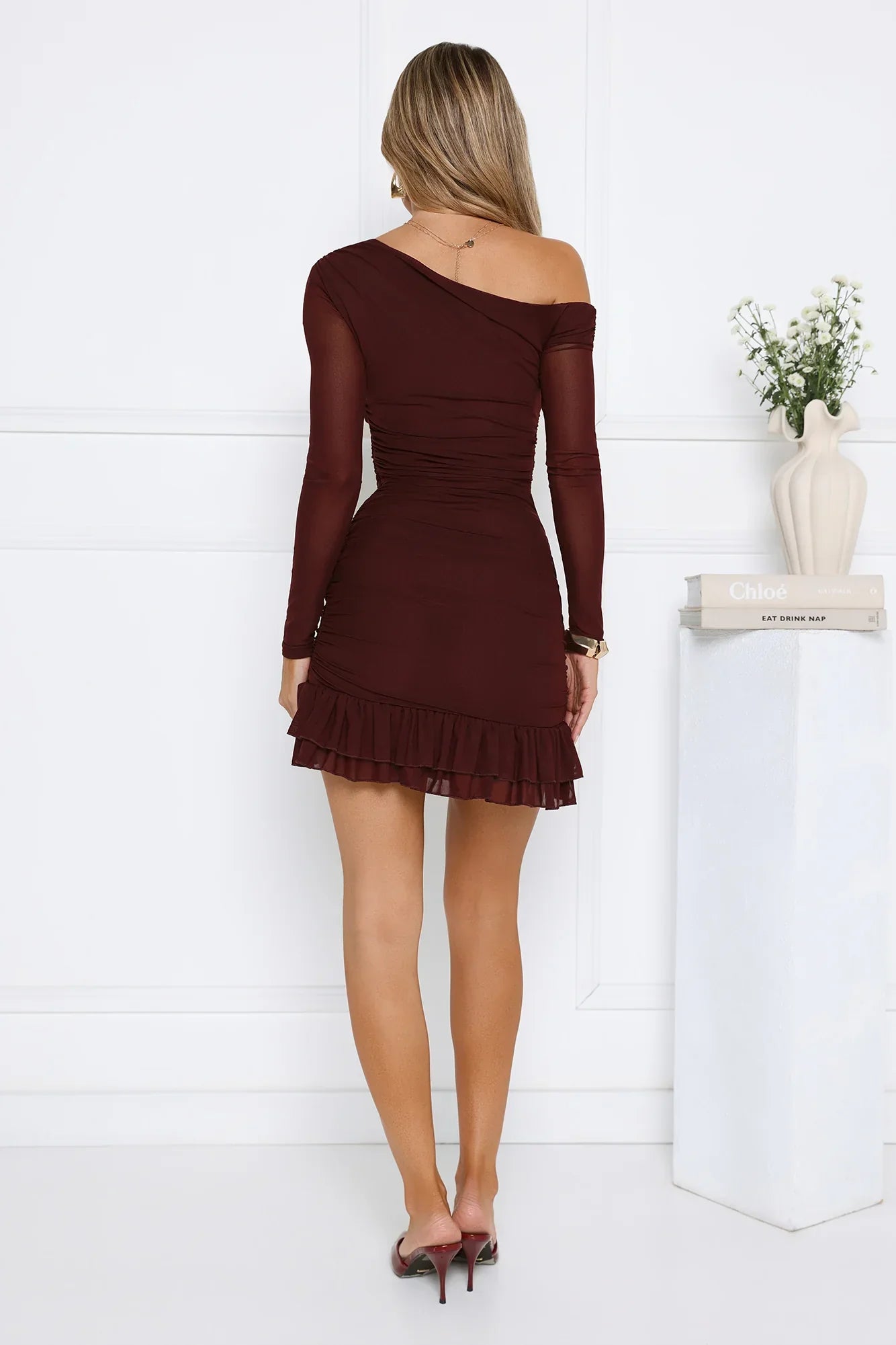 Serve The Look Mesh Long Sleeve Mini Dress Chocolate