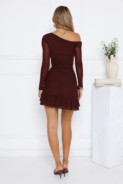 Serve The Look Mesh Long Sleeve Mini Dress Chocolate
