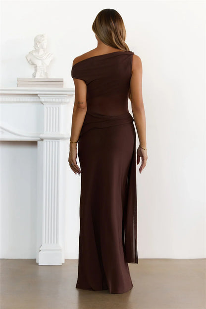 Sleek Off Shoulder Sheer Maxi Dress Chocolate