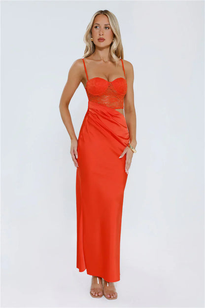 Slow Summer Nights Lace Satin Maxi Dress Tangerine