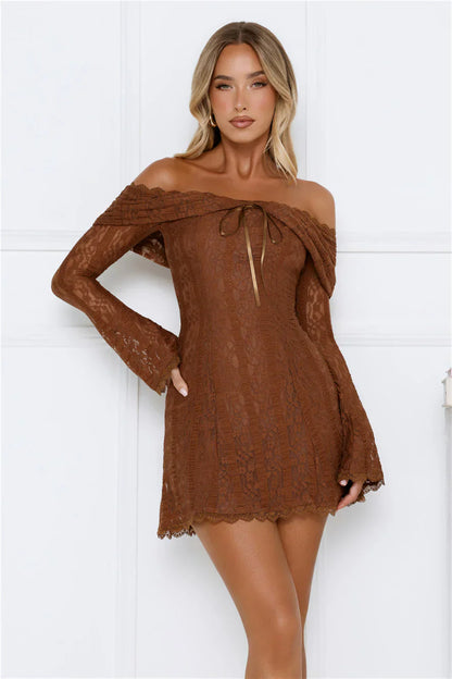 Secret Smile Lace Off Shoulder Mini Dress Brown