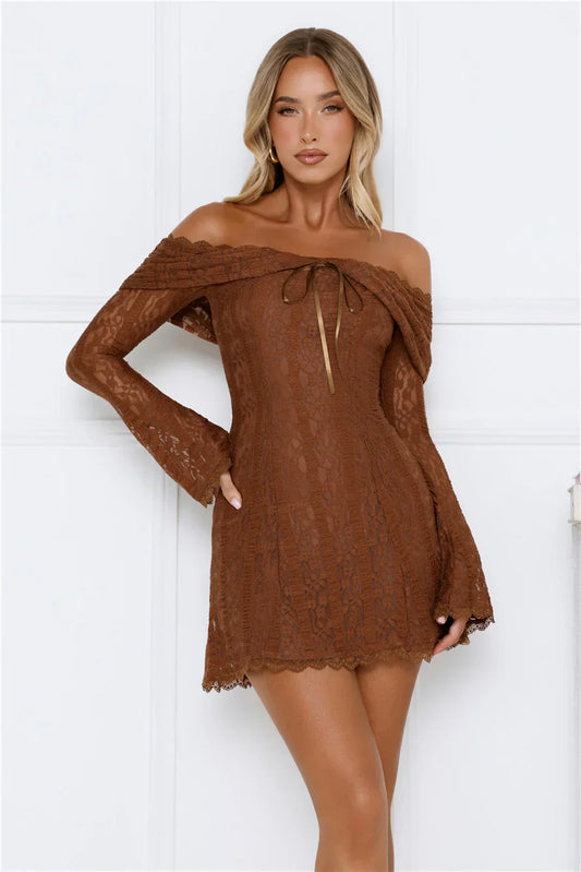 Secret Smile Lace Off Shoulder Mini Dress Brown