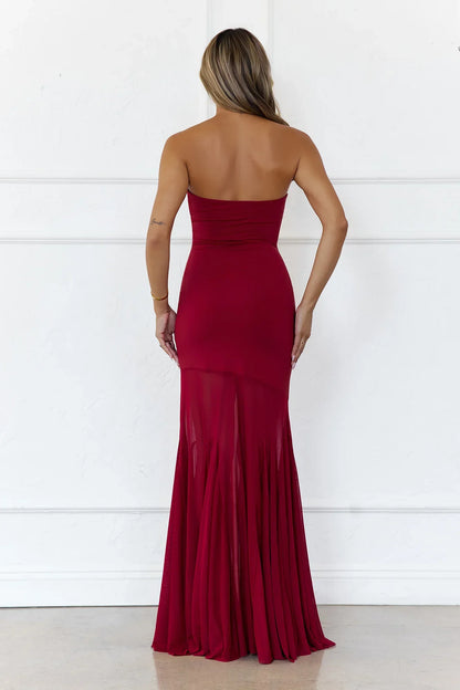 Radiant Petals Strapless Maxi Dress Wine