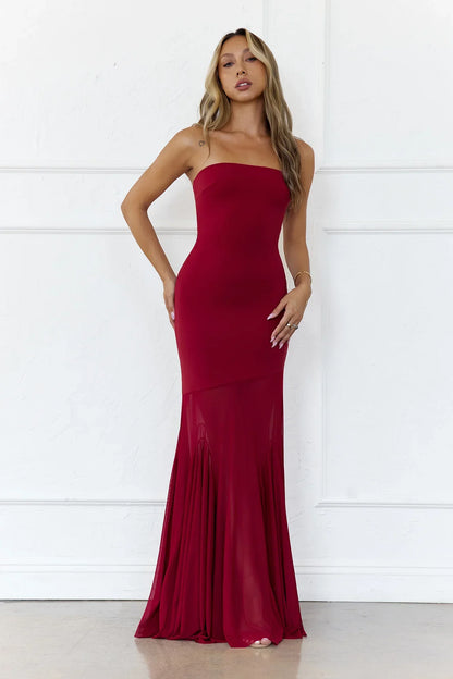 Radiant Petals Strapless Maxi Dress Wine
