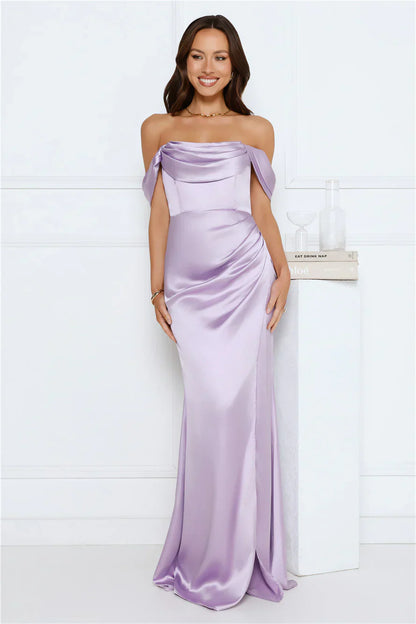 Silken Starlet Off Shoulder Satin Maxi Dress Lavender