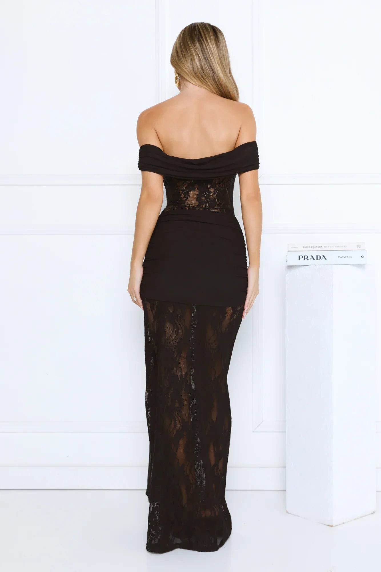 Subtle Allure Off Shoulder Sheer Lace Maxi Dress Black