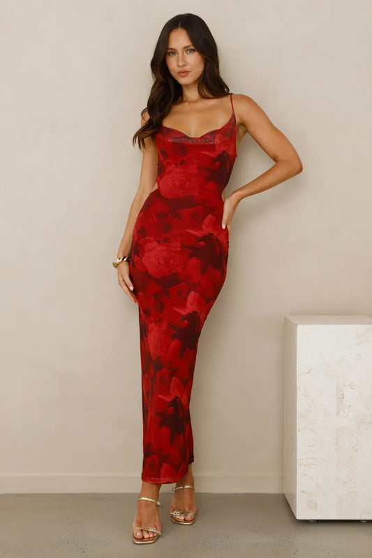 Pretty On Purpose Mesh Maxi Dress Red