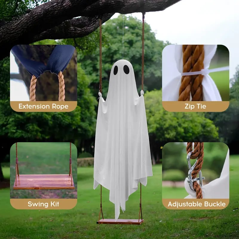 👻Halloween Decorations Outdoor - 5FT Large Hanging Ghost Swing with Remote Control String Lights
