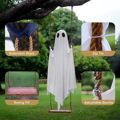 👻Halloween Decorations Outdoor - 5FT Large Hanging Ghost Swing with Remote Control String Lights