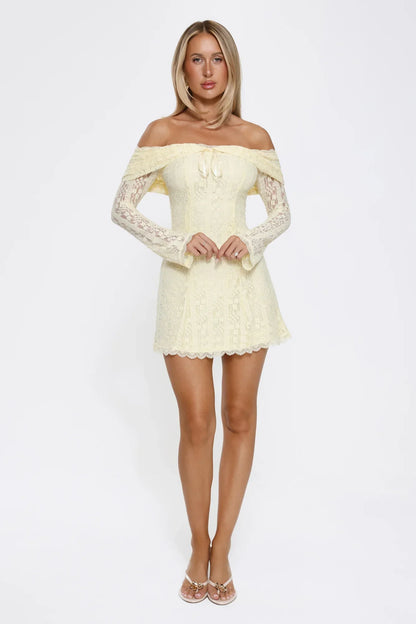 Secret Smile Lace Off Shoulder Mini Dress Yellow