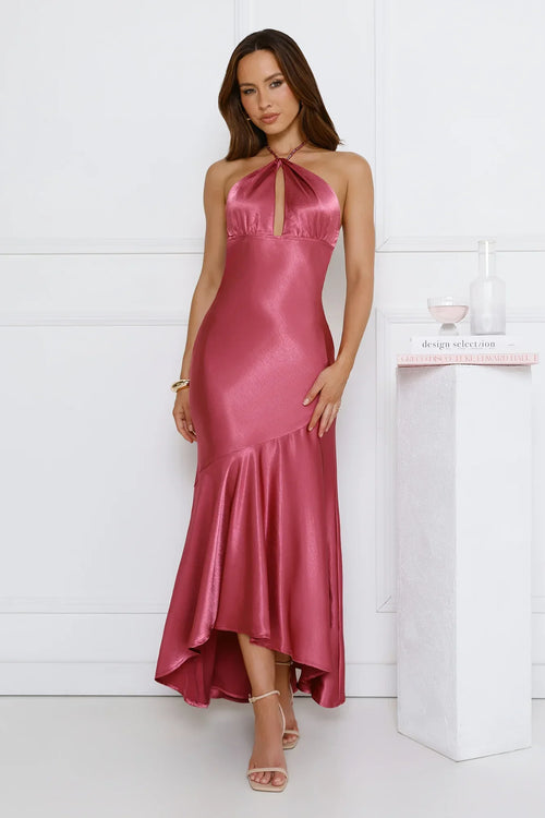 Silken Affair Halter Satin Maxi Dress Rose