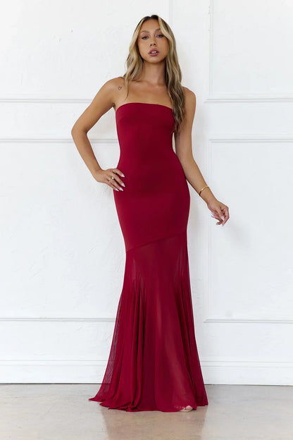 Radiant Petals Strapless Maxi Dress Wine