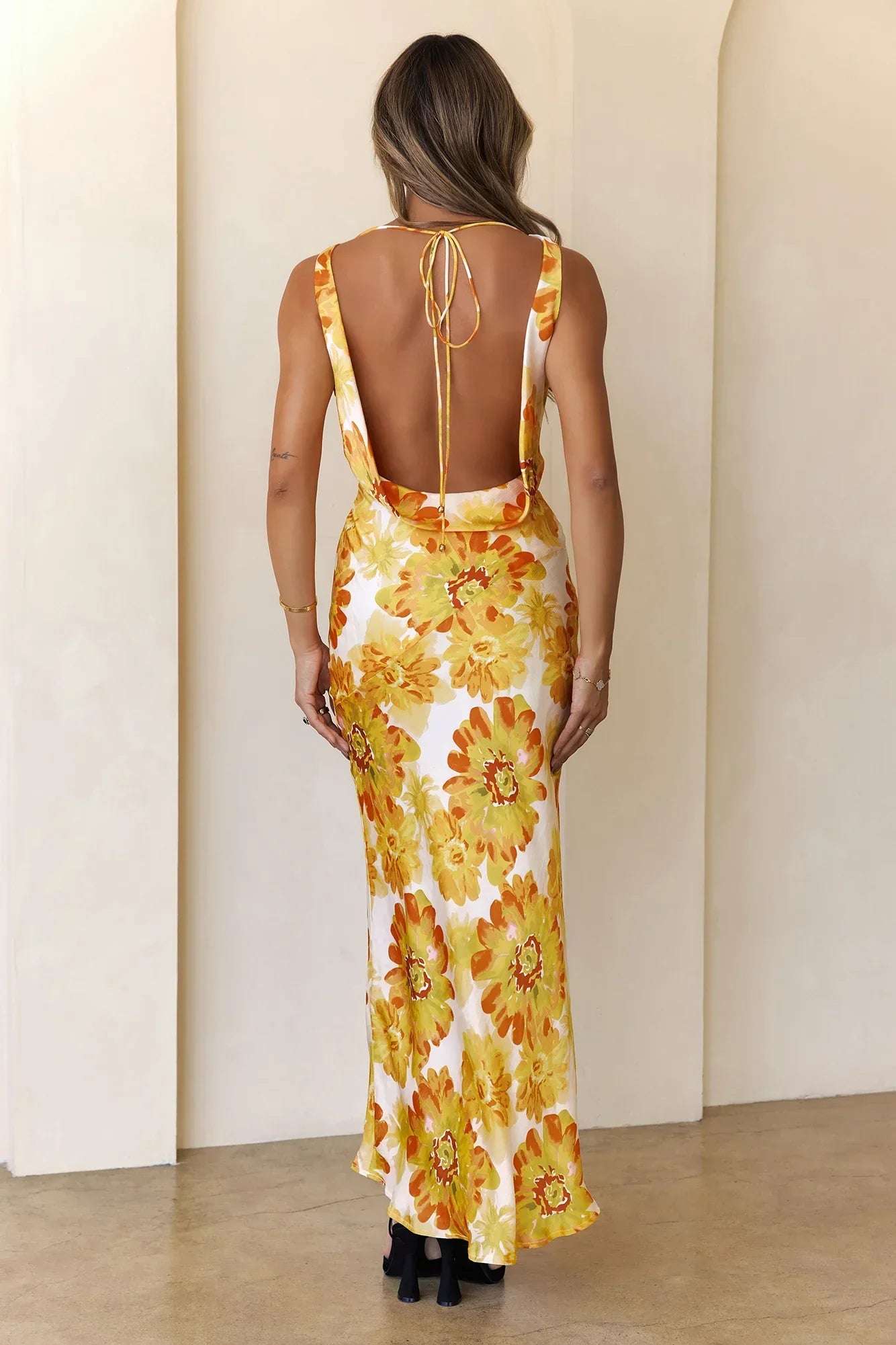 Romantic Steps Satin Maxi Dress Yellow