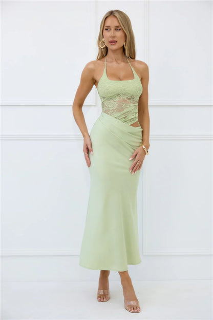 Radiate Positivity Halter Lace Maxi Dress Sage