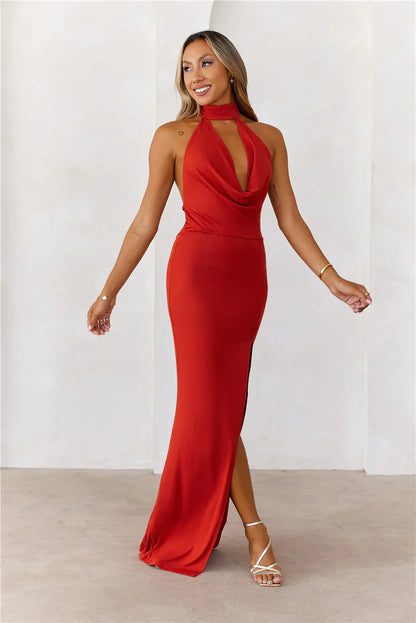 Refined Luxury Halter Maxi Dress Red