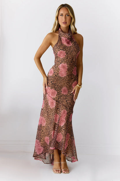 Savanna Rose Halter Maxi Dress Leopard