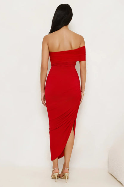 Plum Temptation Off Shoulder Midi Dress Red
