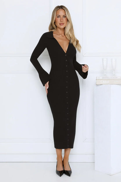 Snow Kiss Soirée Ribbed Midi Dress Black