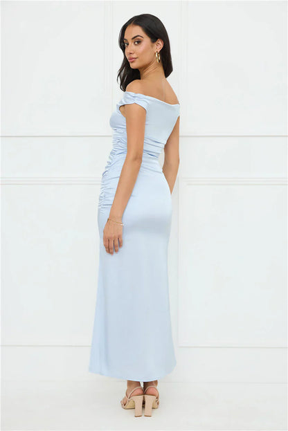Polished Radiance Off Shoulder Satin Maxi Dress Blue