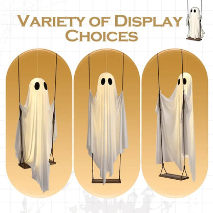👻Halloween Decorations Outdoor - 5FT Large Hanging Ghost Swing with Remote Control String Lights
