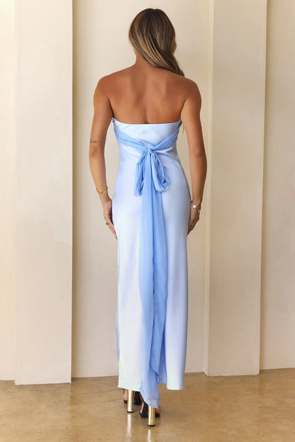 Queen Of Style Strapless Satin Maxi Dress Blue