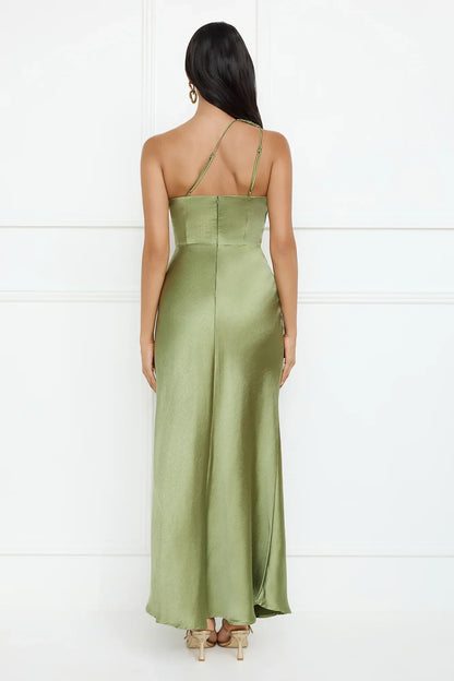 Show You Love One Shoulder Satin Maxi Dress Green