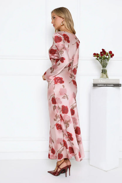Scent Of Roses Long Sleeve Satin Maxi Dress Pink