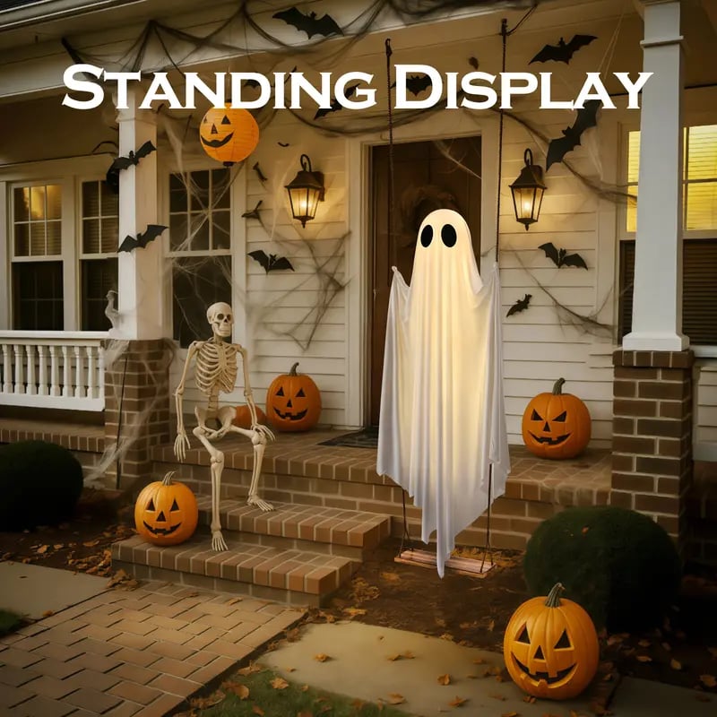 👻Halloween Decorations Outdoor - 5FT Large Hanging Ghost Swing with Remote Control String Lights