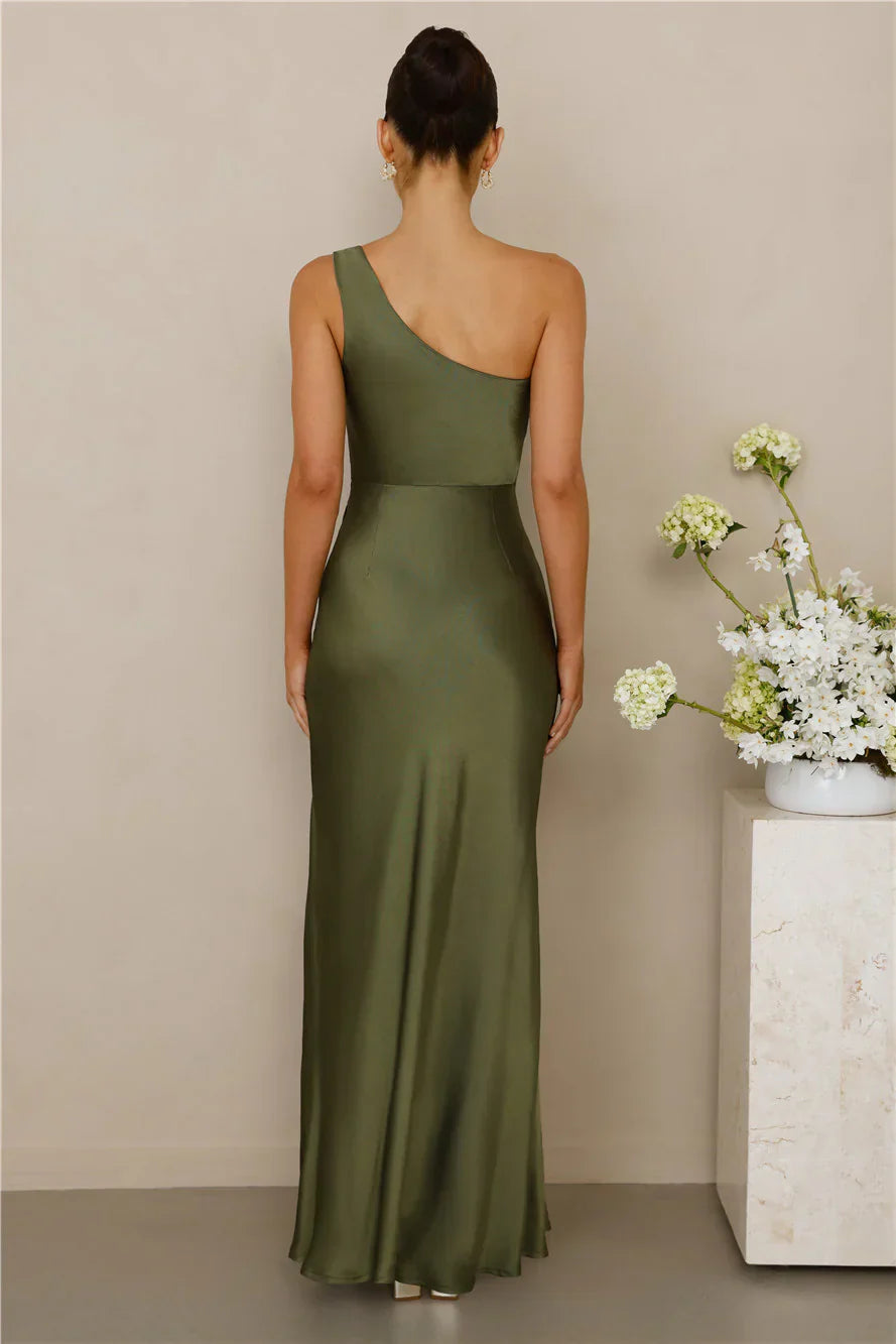 The Aurora One Shoulder Satin Maxi Dress Olive