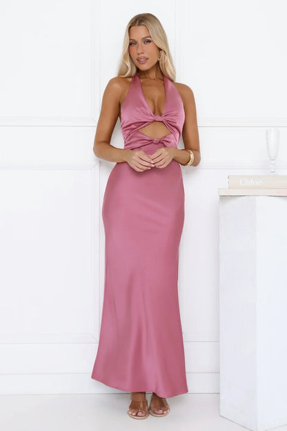 Polished Perspective Halter Satin Maxi Dress Pink