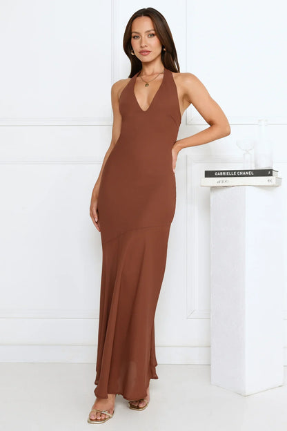 Polished Edge Halter Maxi Dress Brown