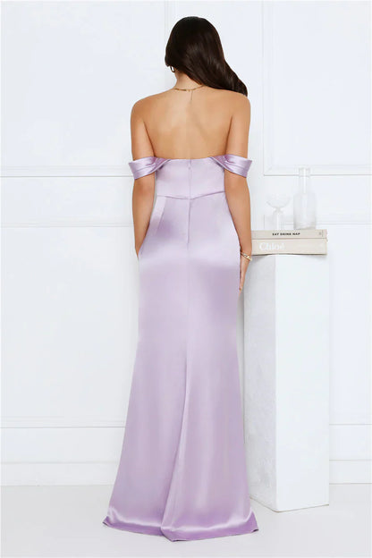 Silken Starlet Off Shoulder Satin Maxi Dress Lavender