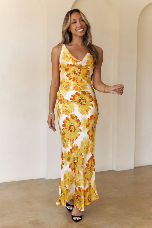 Romantic Steps Satin Maxi Dress Yellow