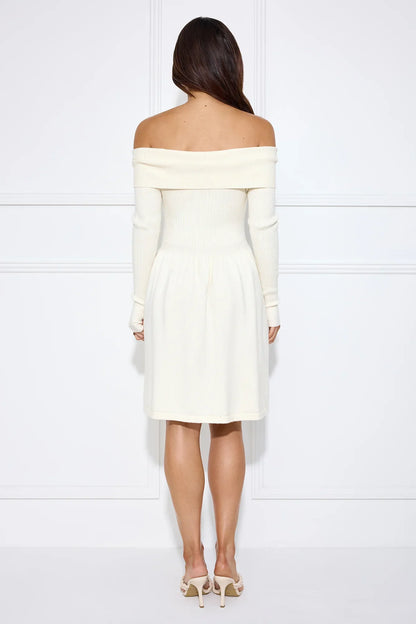 Snowlight Off Shoulder Ribbed Midi Dress Cream