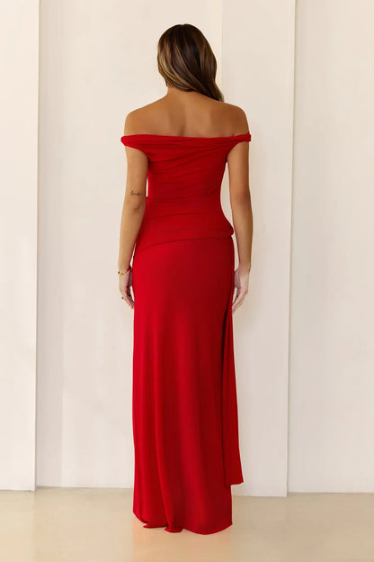 Sleek Off Shoulder Sheer Maxi Dress Red