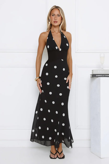 Polka Dot Parade Halter Maxi Dress Black