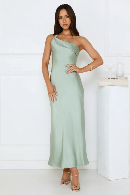 Romantic Tales Satin One Shoulder Maxi Dress Sage