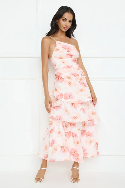 Petal Whirl One Shoulder Maxi Dress Pink