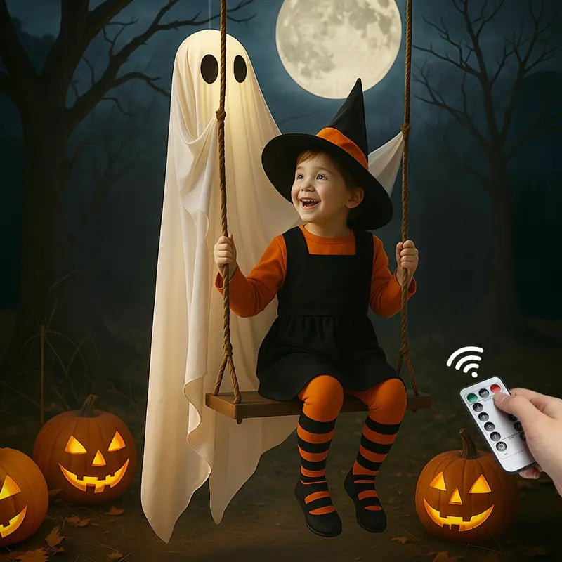 👻Halloween Decorations Outdoor - 5FT Large Hanging Ghost Swing with Remote Control String Lights